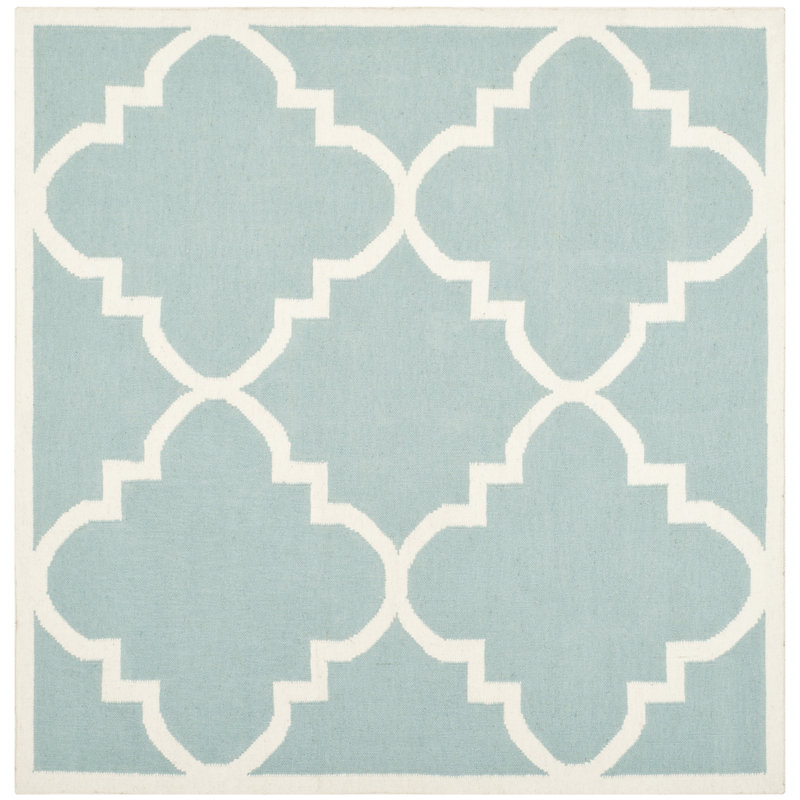 Rodgers Hand Woven Flat Weave Wool/Cotton Geometric Rug in Blue/Ivory, Square 6'