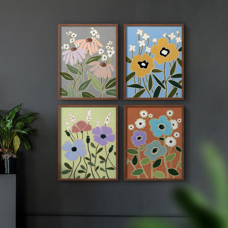 «Vibrant Flow II», 4 pièces sur papier, Cadre noir, H 14 po x l 44 po