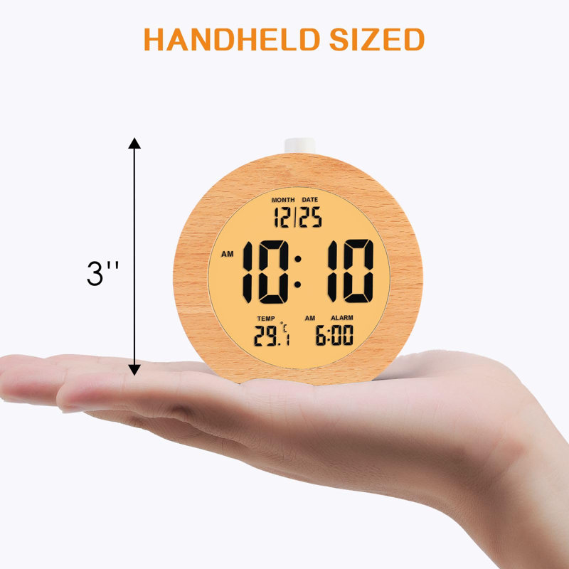 Round Wooden Digital Alarm Clock with Snooze, Nightlight, LCD Display