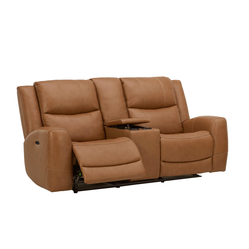 Causeuse électrique en cuir avec console Lark Manor ™, bleu Chesapeake, Noyer cendré Silverado