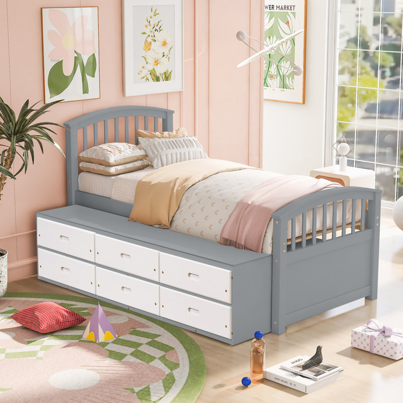 Lit plateforme simple en bois massif avec 6 tiroirs, gris et blanc