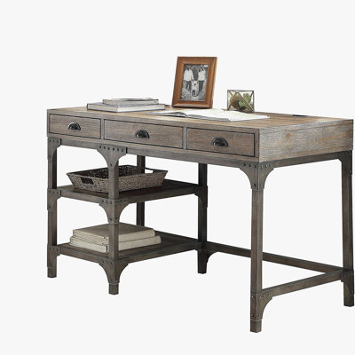 Bureau à 3 tiroirs en chêne vieilli et argent antique