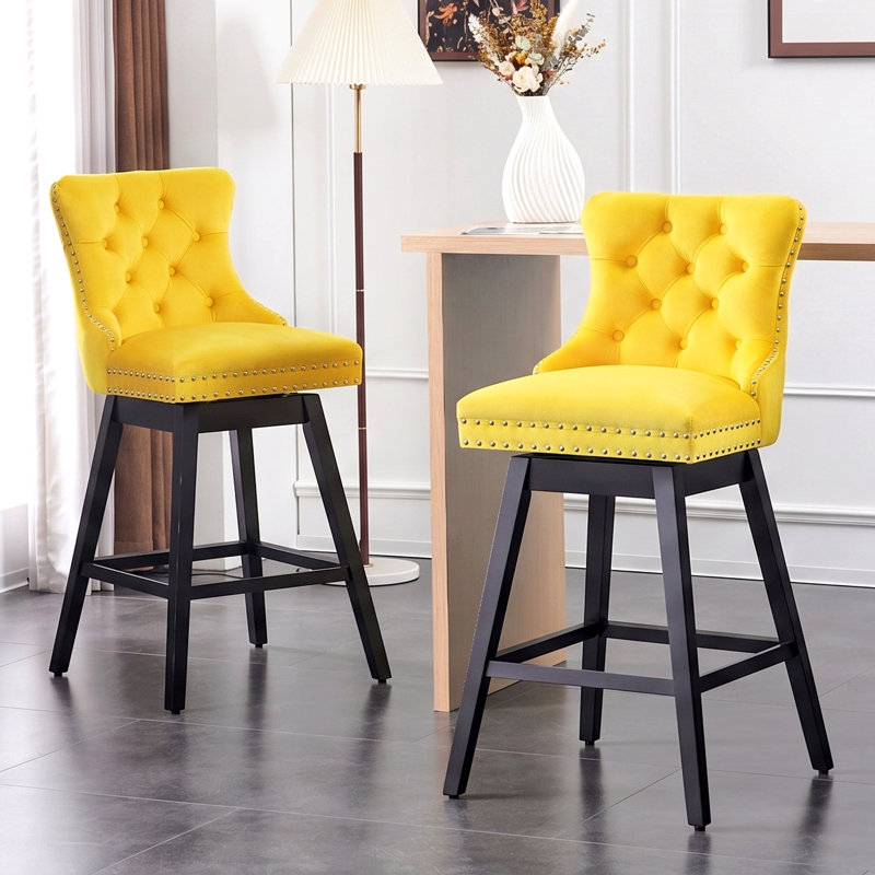 Velvet Upholstered 360° Swivel Counter Height Bar Stool with Back, Nailhead Trim and Sturdy Solid Wood Legs, Comfortable Chair for Kitchen, Dining, Restaurant