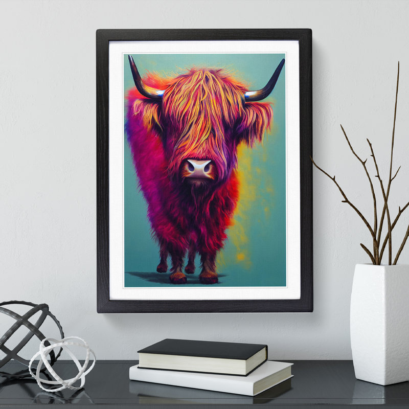 XV1022-1594X Colourful Highland Cow No.3 - Single Picture Frame Print, 64cm H x 46cm W, Black