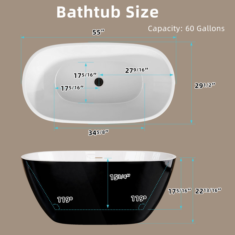 55" Freestanding Soaking Acrylic Bathtub, Glossy Black