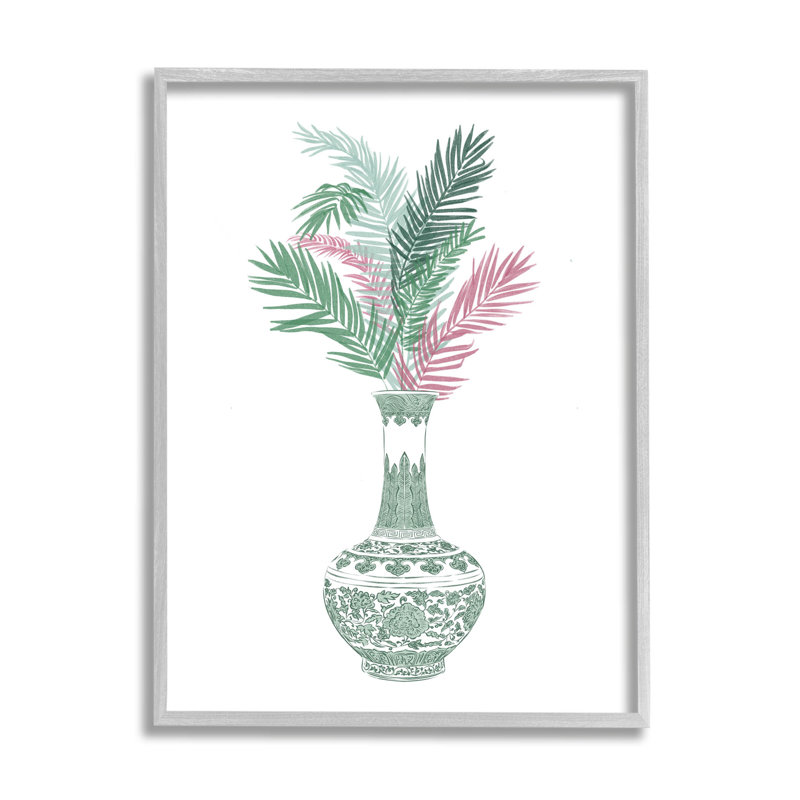 Vase à motif botanique orné par estampe numérique par Ziwei Li, H 30 po x l 24 po x P 1,5 po, Cadre flottant gris lustré
