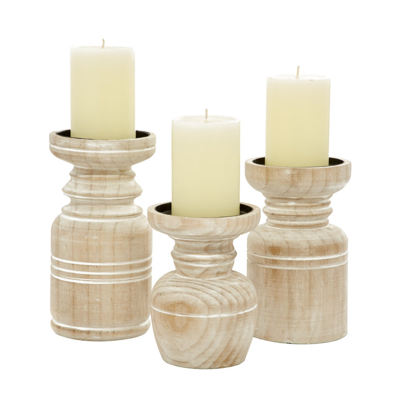 Wood Pillar Brown Decorative Candle Holder with White Wash Finish Set, Natural