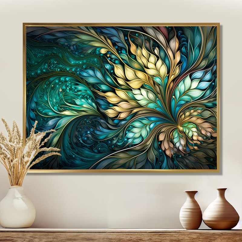 Turquoise, art nouveau, feuilles spirales - Botanicals, impression d'art mural, Toile avec cadre flottant or