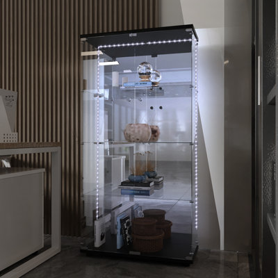 Vitrine en verre trempé, armoire à boissons alcoolisées, armoire de rangement, classeur, avec bande lumineuse à DEL Bluetooth, verrou sur la porte, panneau arrière est un miroir, convient au salon, à la chambre à coucher, au couloir, au bureau, noi