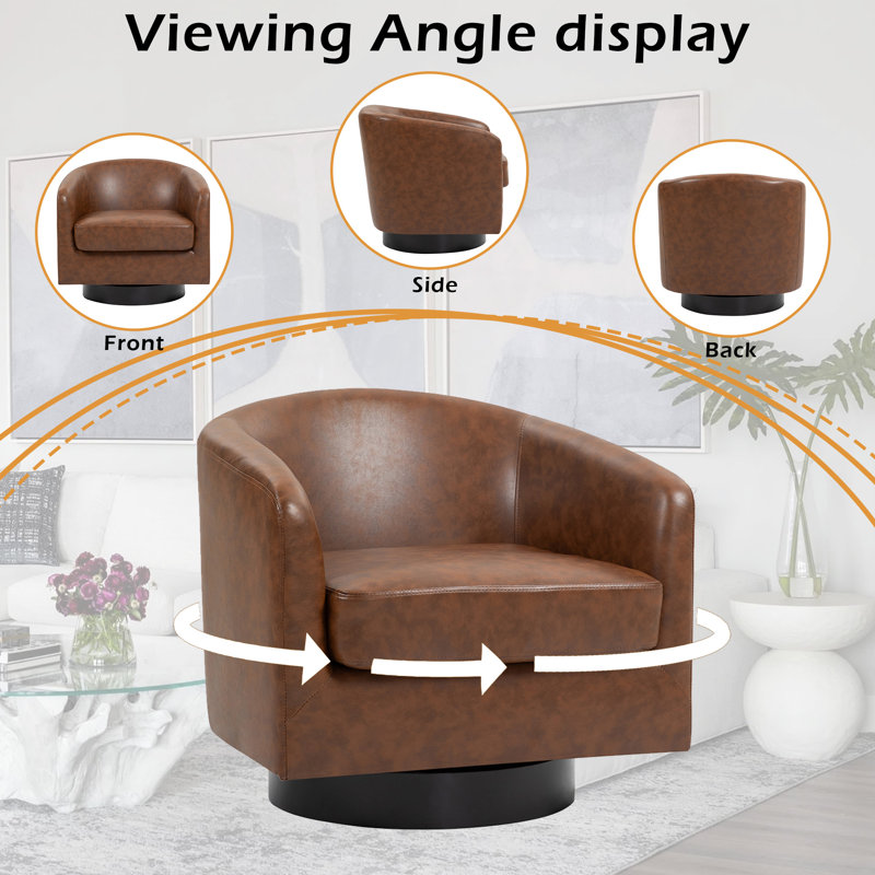 72Cm Wide Swivel Barrel Chair, Coffee Faux Leather/Black