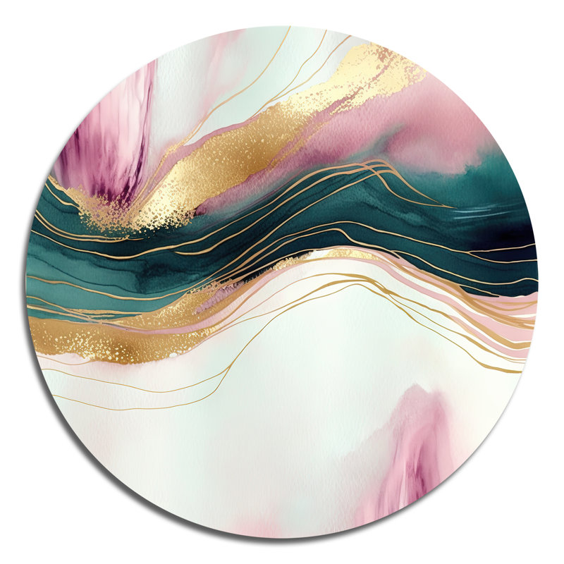 Géode abstraite, marbre rose et vert III - Art abstrait rond en métal, H 16 po x l 16 po