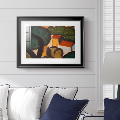 Paysage avec arbres et maisons-Henri Matisse-Reproduction encadrée avec passe-partout et verre-c. 1905