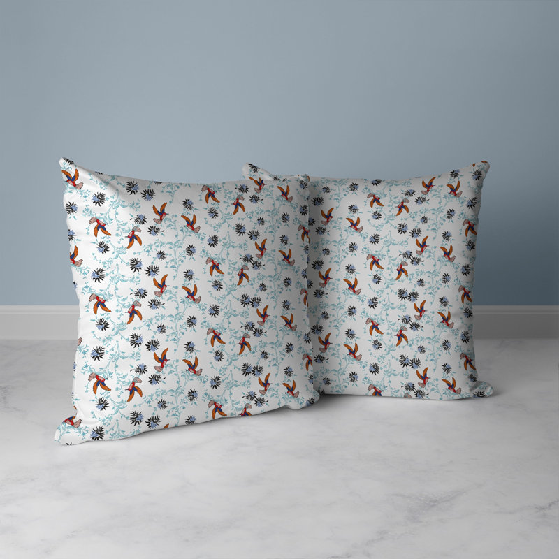 Coussin réversible Songbird Flora Parade, H 26 po x l 26 po, Blanc / orange / bleu sarcelle