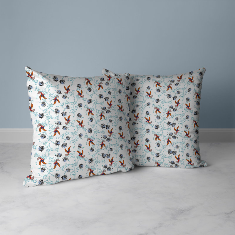 Coussin réversible Songbird Flora Parade, H 18 po x l 18 po, Blanc / orange / bleu sarcelle