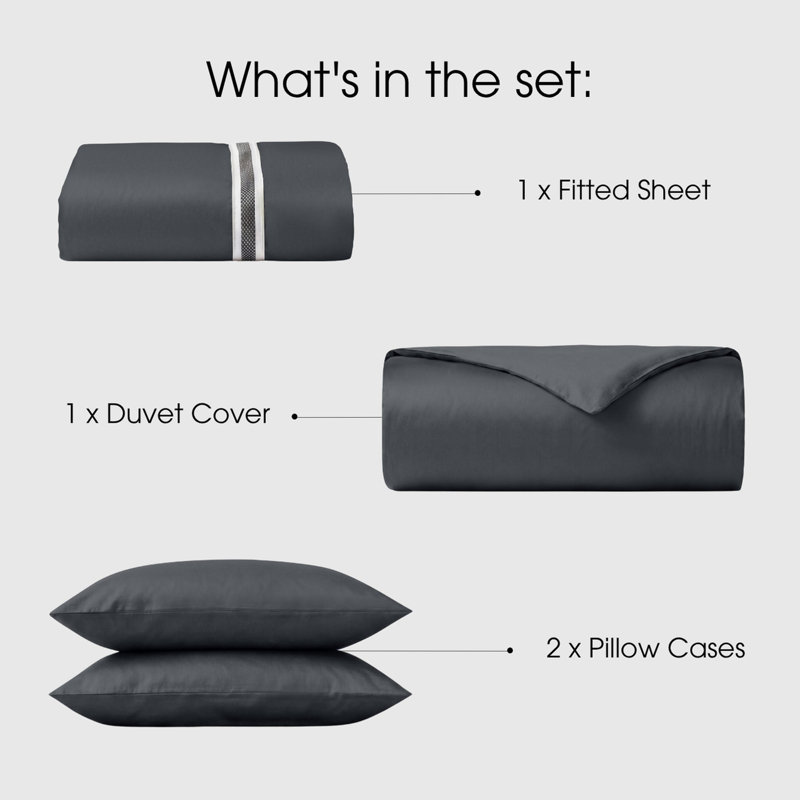 100% Cotton Sateen 460 Thread Count 4-Piece Bedding Set, Super King, Grey, 50x75cm Pillowcase