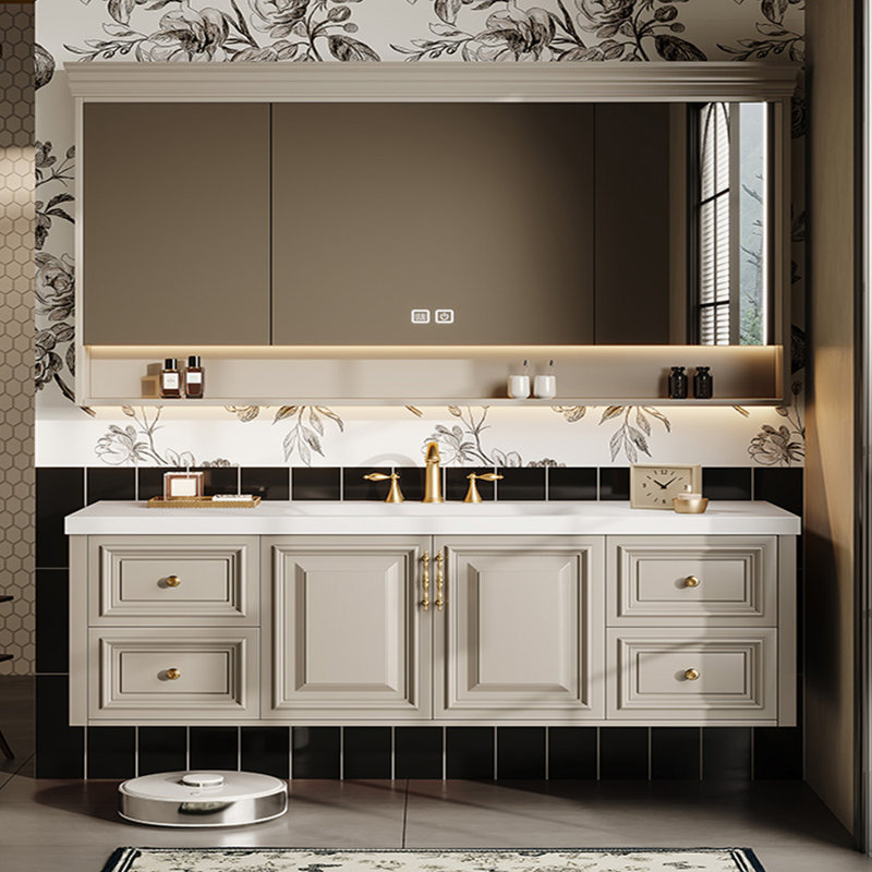 Armoire de salle de bain luxueuse de style rétro français, H 19,69 po x l 66,93 po x P 21,65 po, Gris clair