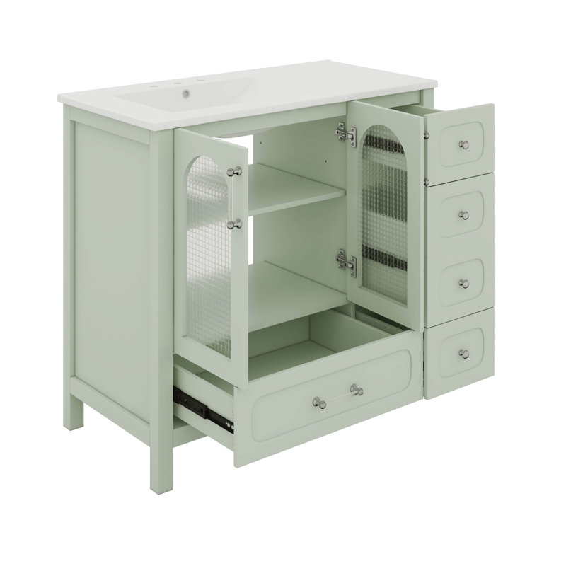 Meuble-lavabo 36 po avec lavabo en céramique, armoire de rangement pour salle de bain avec portes en verre texturé gaufré, 4 tiroirs