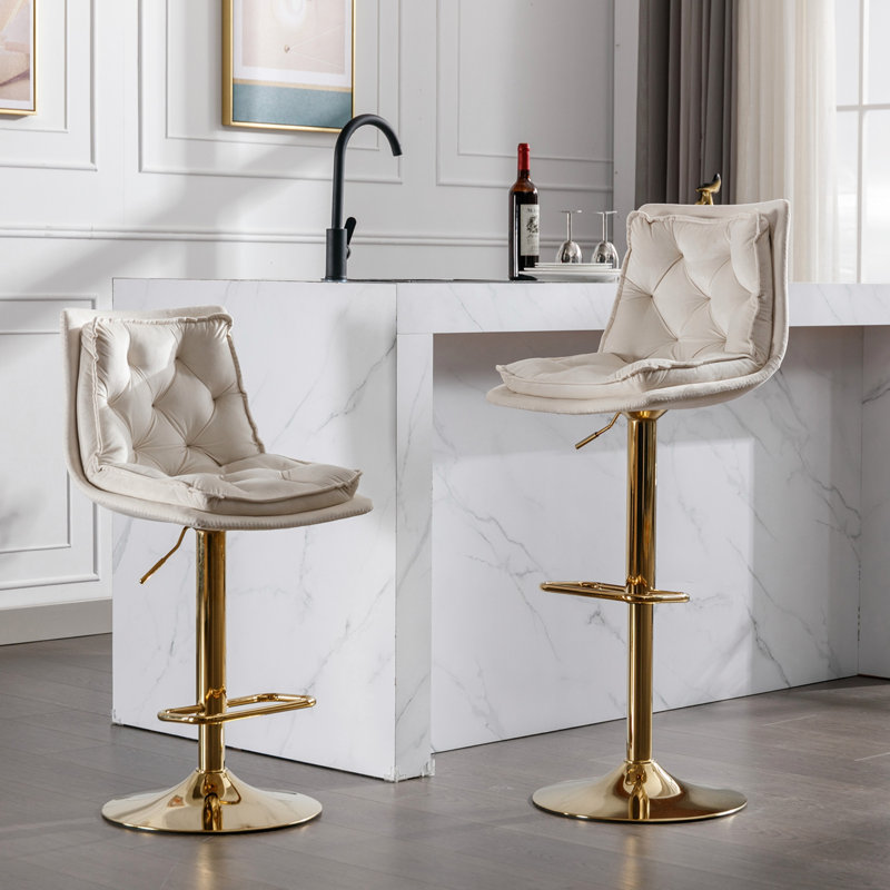 Ensemble de 2 tabourets de bar, avec repose-pieds chromé et base pivotante à hauteur réglable en velours + tabouret de bar simple Golden Leg