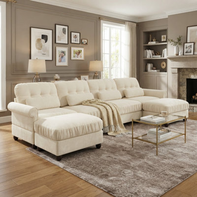 Ensemble de salon modulaire 6 pièces en chenille avec canapé 4 places et 2 poufs, assises profondes et accoudoirs arrondis, couleur crème ivoire