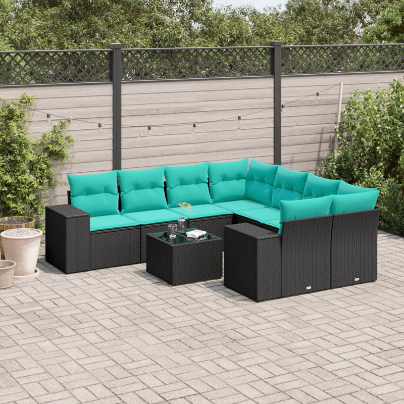  Ensemble de canapé de patio 9 pièces avec coussins en rotin de polyester noir