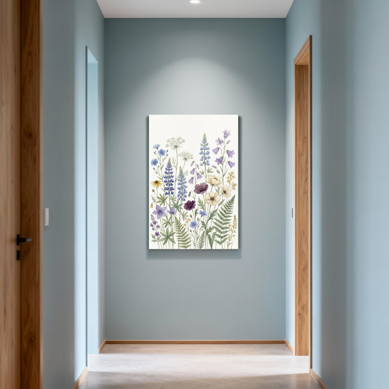 Jardin floral de plantes et fleurs avec fleurs mauves et bleues et blanches, H 24 po x l 16 po