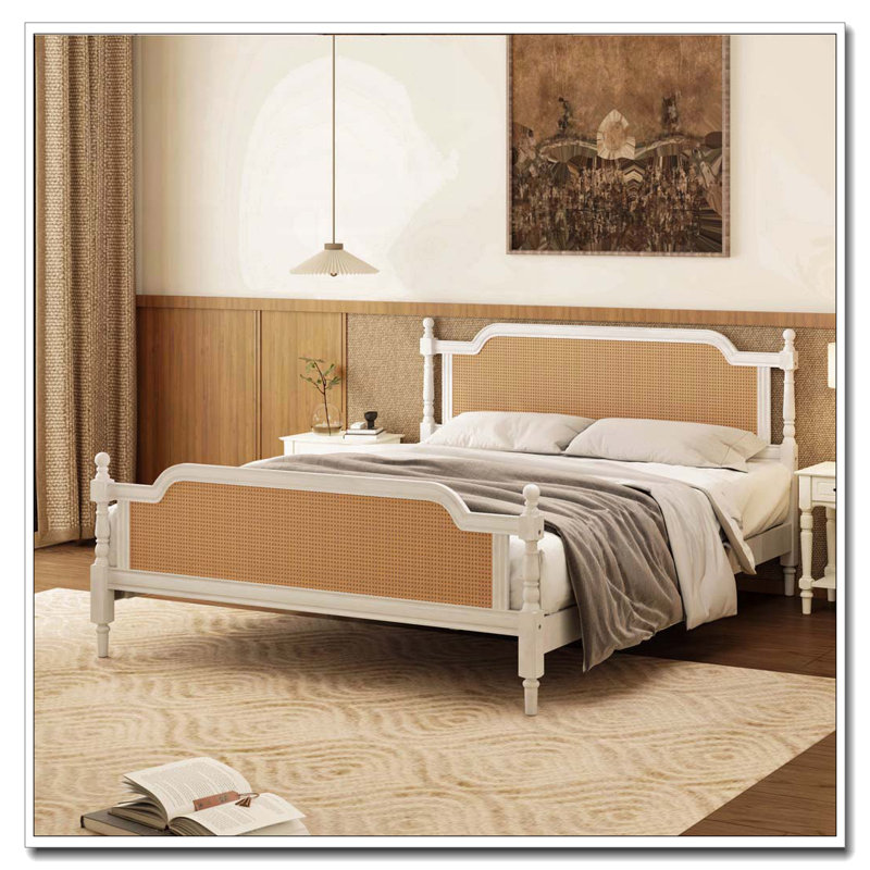 Rattan King Size Bed Frame, Antique White