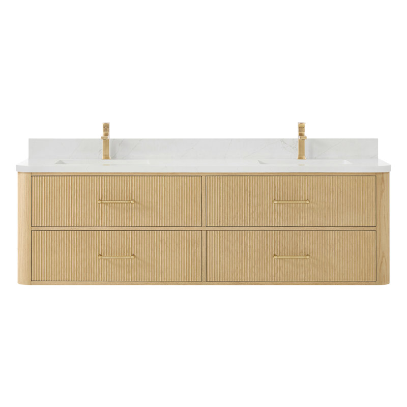Meuble-lavabo mural double 72 po en chêne scandinave Francesca, Beige, Bronze, Giotto Quart