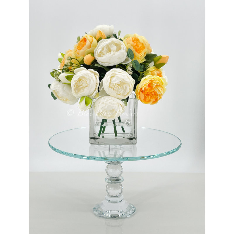 Arrangement de pivoines roses, centre de table artificiel réaliste dans un vase en verre, Jaune / Blanc