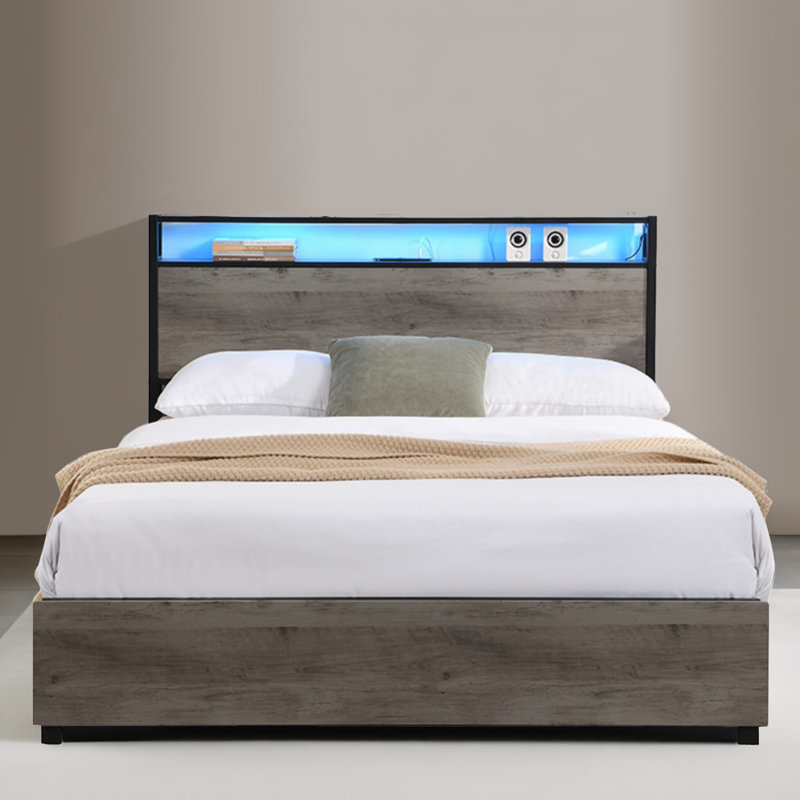 Base de lit plateforme avec tiroirs et station de charge, Gris antique, Lit double