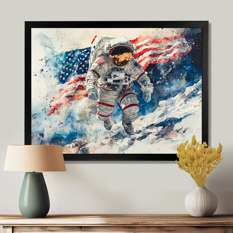 Iselle, premier astronault sur la lune avec drapeau américain I - États-Unis, art mural large, H 30 po x l 40 po, Avec cadre