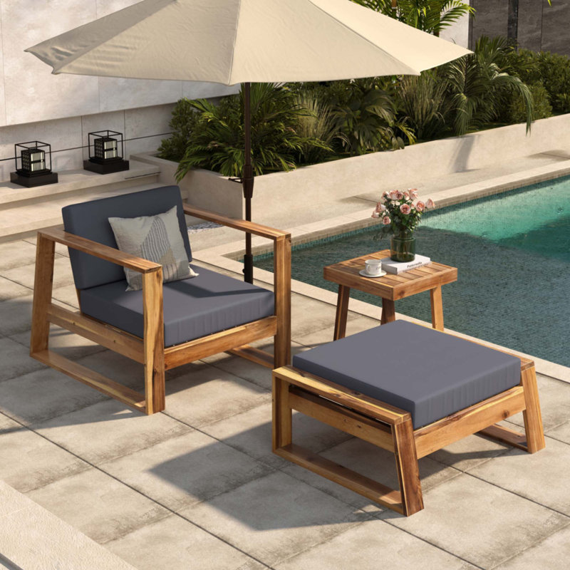 Duke Outdoor 3-Piece Acacia Wood Conversation Set with Cushions, Gray