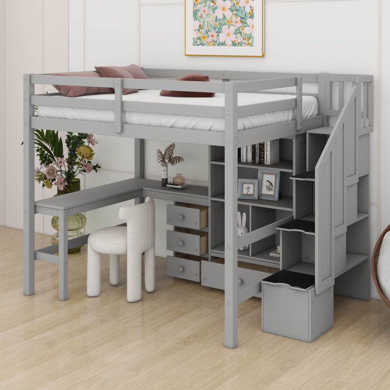 Lit mezzanine double avec bureau intégré en forme de L, escalier de rangement et tiroirs, lit d'étude peu encombrant avec armoire, tablettes
