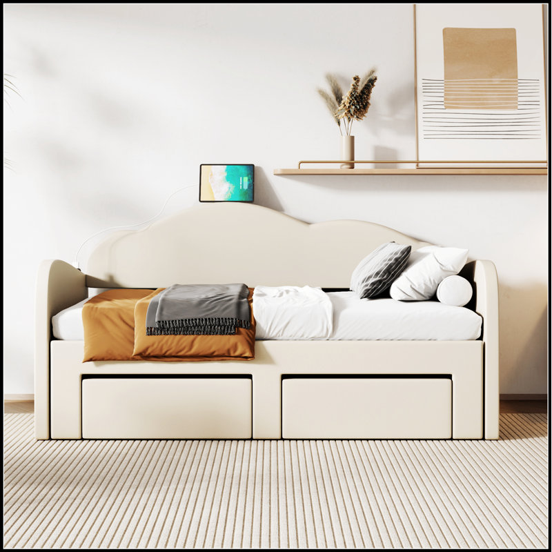 Lit de jour rembourré avec dossier en forme de nuage, lit gigogne, 2 tiroirs et ports USB pour une vie moderne, Beige