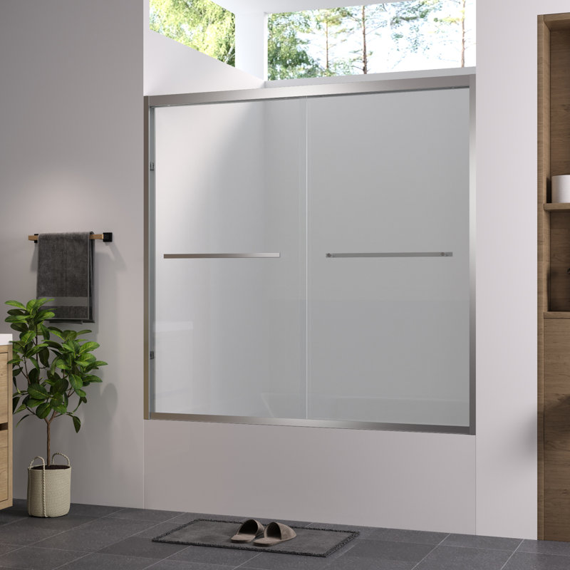Armoire de salle de bain double coulissante haute avec quincaillerie et verre trempé de 1/4 po (6 mm), style américain, avec structure de baignoire stable et imperméable, largeur réglable, poignée en acier inoxydable