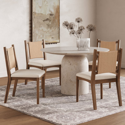 Chaises de salle à manger rembourrées brun foncé, dossier en jonc de mer et siège en lin, ensemble de 4