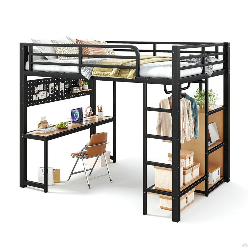 Full Loft Bed with Storage Shelves and Desk, Metal Loft Bed with USB Ports, Lights, and Hanging Rod, Cave Board Design, Black