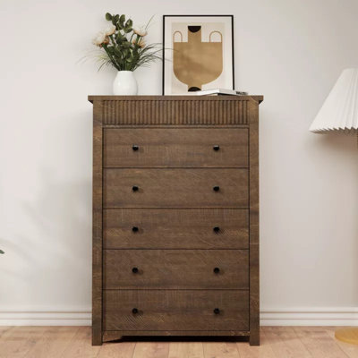 Fluted 5 Drawer Wooden Dresser Nightstand, Storage Chest, Bedroom Living Room Hallway Entryway Organizer Table