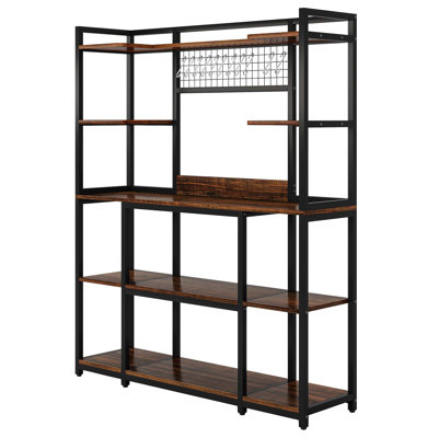 Large 55" Baker's Rack with Hutch – 5-Tier Industrial Kitchen Storage Shelf with Hooks & Microwave Stand, Rustic Brown Kitchen Hutch Cabinet Organizer with Metal Frame, Utility Pantry Rack