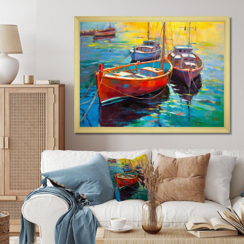 Trois bateaux dans le port II - art mural port côtier, H 16 po x l 32 po x P 1 po, Cadre doré à une seule photo