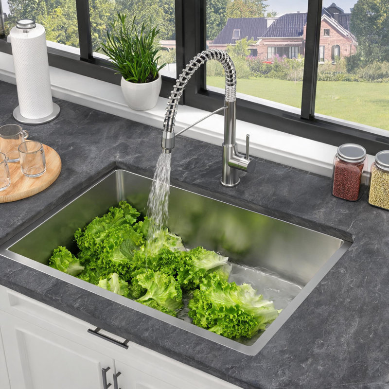 26 inch Brushed Nickel Stainless Steel Undermount Kitchen Sink with Single Bowl and Drain Strainer