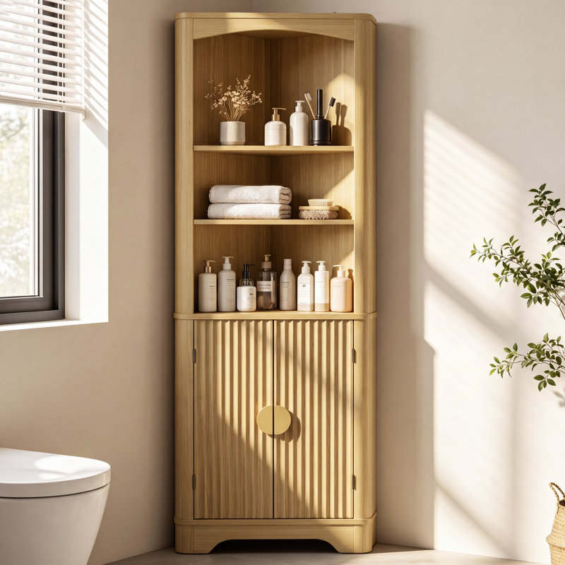 Grande armoire de coin cannelée Farmhouse avec tablettes ouvertes, l 15,75 po x H 68,9 po, Chêne