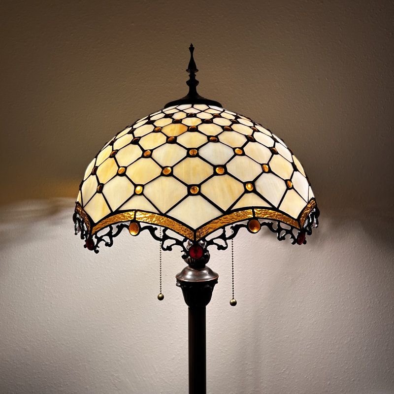 Shella Tiffany Floor Lamp Beige Stained Glass Crystal Beans Metal Base LED Bulbs Included 16"W*16"D*64"H