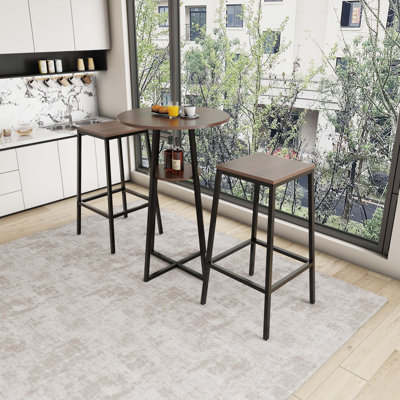 3 Piece Round Counter Height Bar Table Set with 2 Backless Bar Stools, Pub Bistro Table with Middle Storage Shelf, Industrial Wood Frame High Dining Table for Balcony, Kitchen & Small Apartment Home B