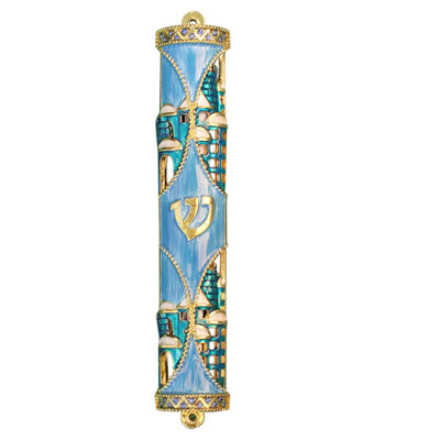 Jerusalem Jeweled Enamel Mezuzah with Gold Accents and Stunning Crystals, Jewish Mezuzah with Scroll for Door, Hand Painted Judaica Gift for Home Blessing and Protection