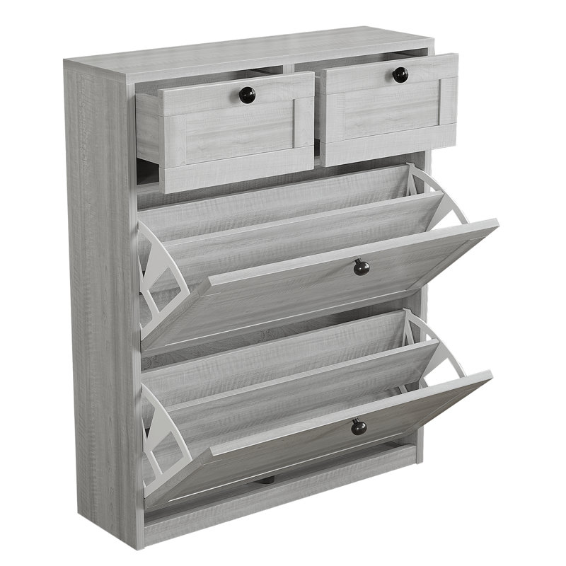 Armoire de rangement pour chaussures 12 paires avec 2 tiroirs, Chêne gris