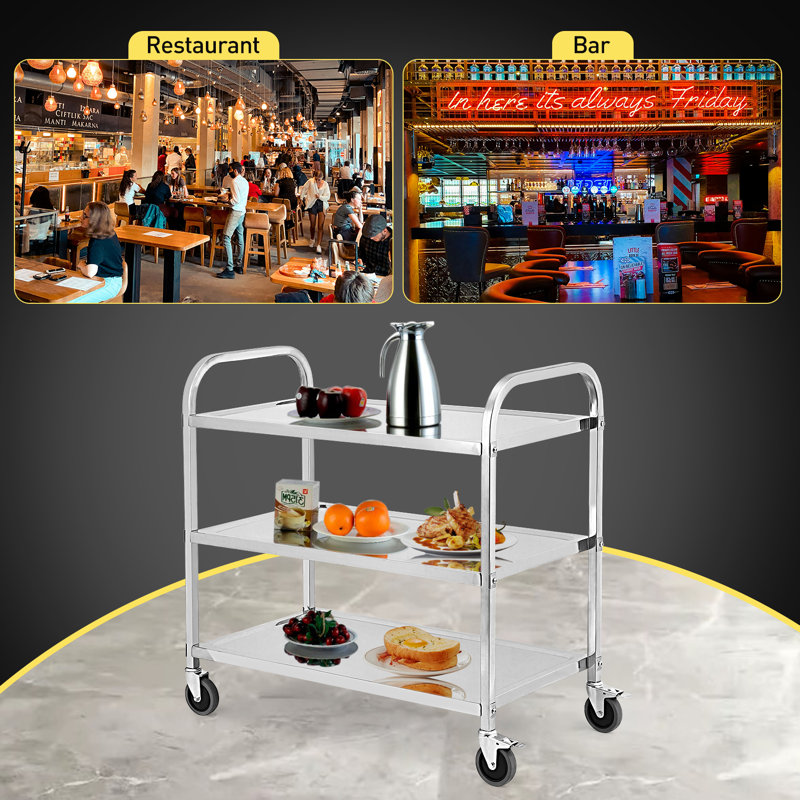3 Tier Stainless Steel Utility Cart with Handle and Locking Wheels, 37.4" x 19.7" x 37.4", 331Lbs