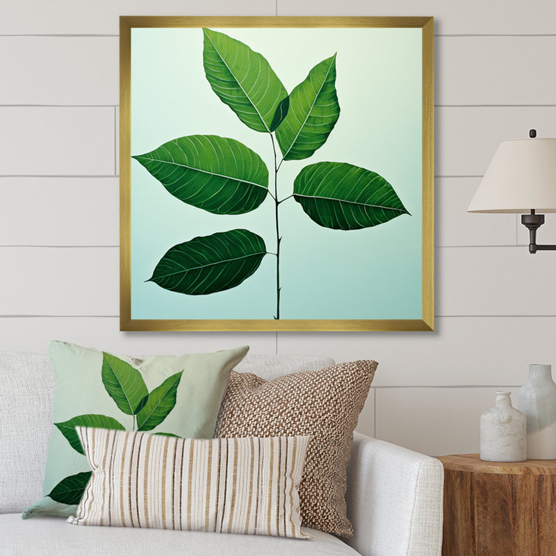 «Green Elegance Leaves I» sur toile, Cadre doré simple, H 24 po x l 24 po x P 1 po