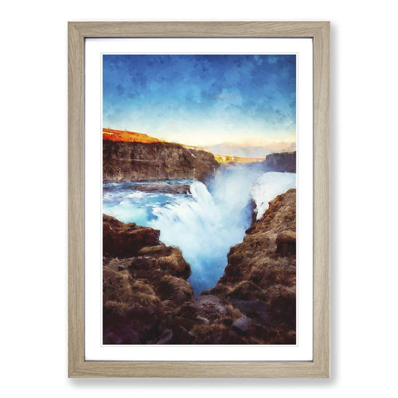 A Waterfall in Iceland - Picture Frame Painting, 36cm H x 27cm W x 2cm D, Oak Framed