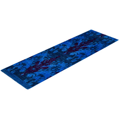 Tapis de couloir bleu moderne et contemporain en laine nouée à la main Caceres 2 pi 7 po x 8 pi 6 po