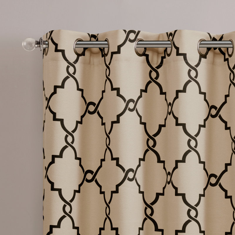Khaki and Black Fretwork Grommet Top Light-Filtering Curtain Panel